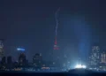 New York’s Empire State Building was struck by a lightning bolt in a truly terrifying photo.